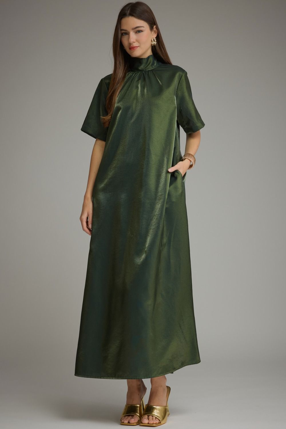 Entro Holiday Elegance Satin Maxi Dress – Pine Green