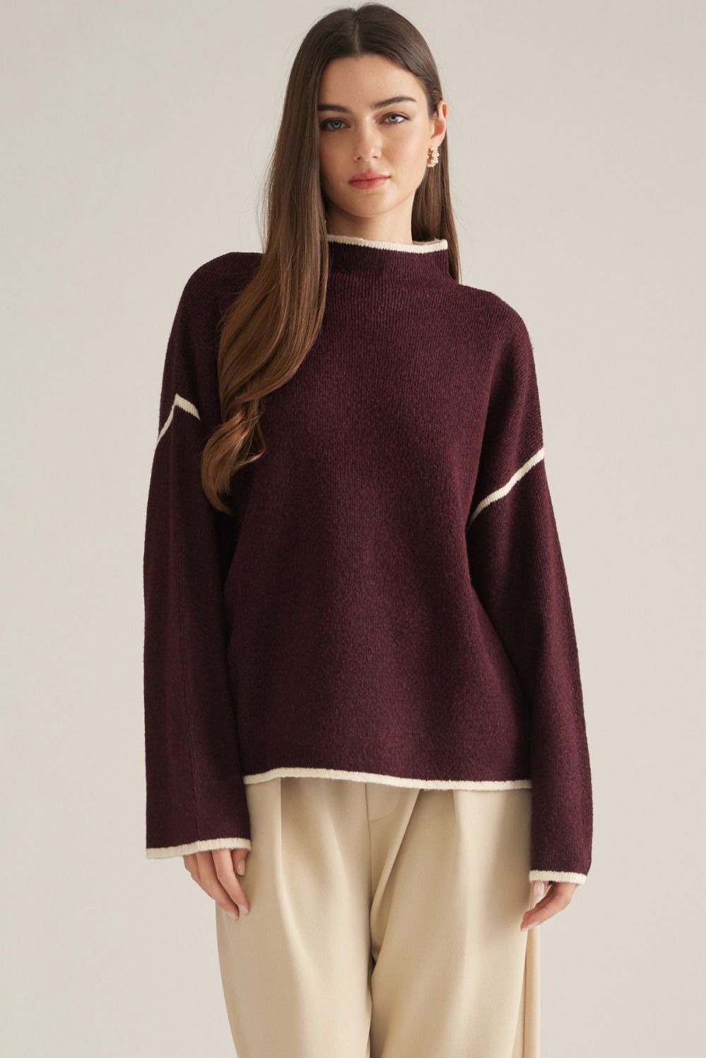 Entro Burgundy Contrast Trim Mock Neck Sweater