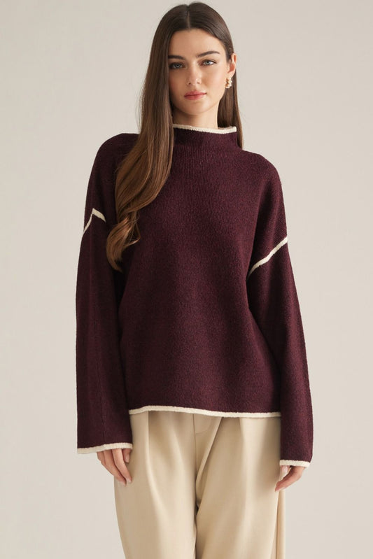 Entro Burgundy Contrast Trim Mock Neck Sweater
