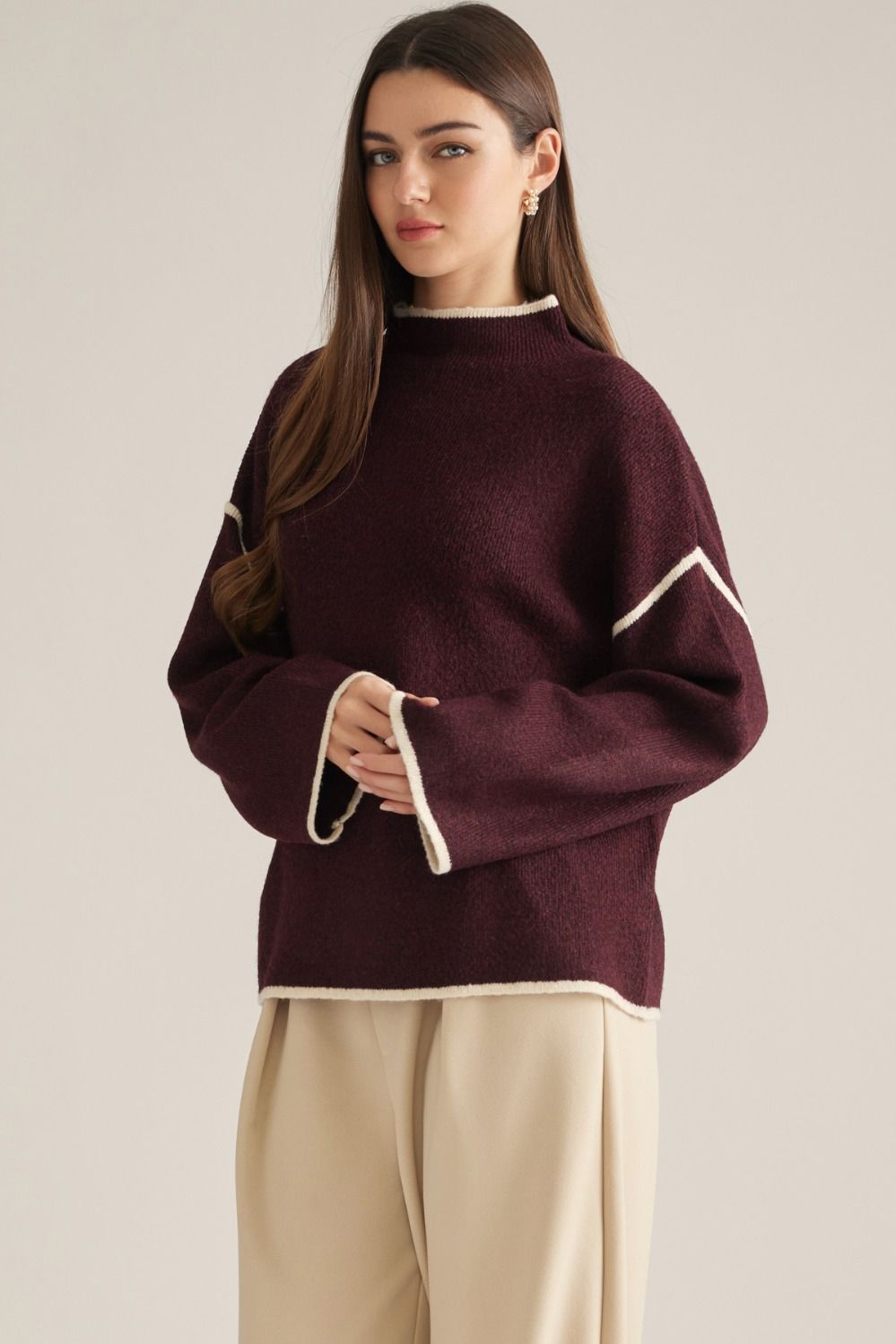 Entro Burgundy Contrast Trim Mock Neck Sweater