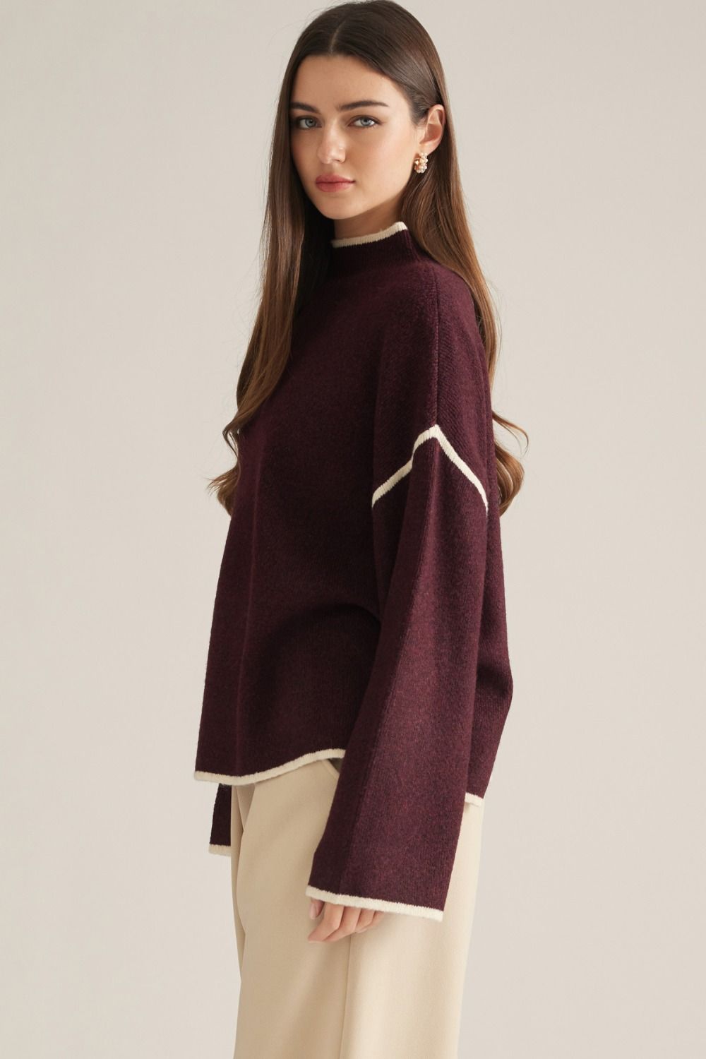 Entro Burgundy Contrast Trim Mock Neck Sweater