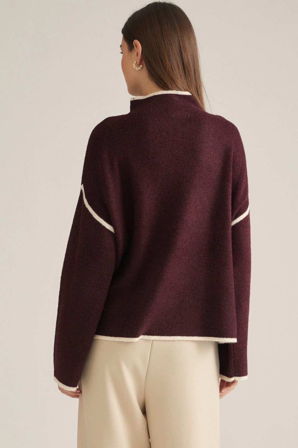 Entro Burgundy Contrast Trim Mock Neck Sweater