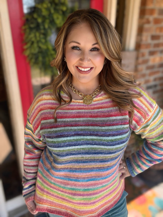 Rainbow Knit Sweater – Multi-Color Striped Pullover Top