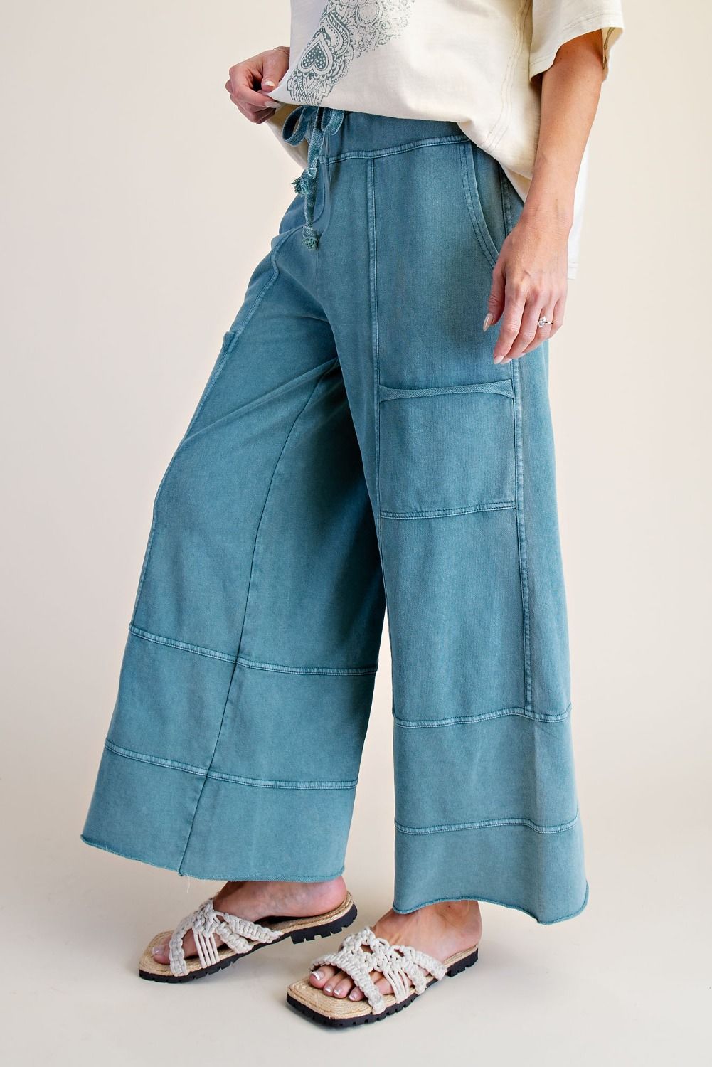 Easel Mineral Washed Wide Leg Cargo Pants | Teal