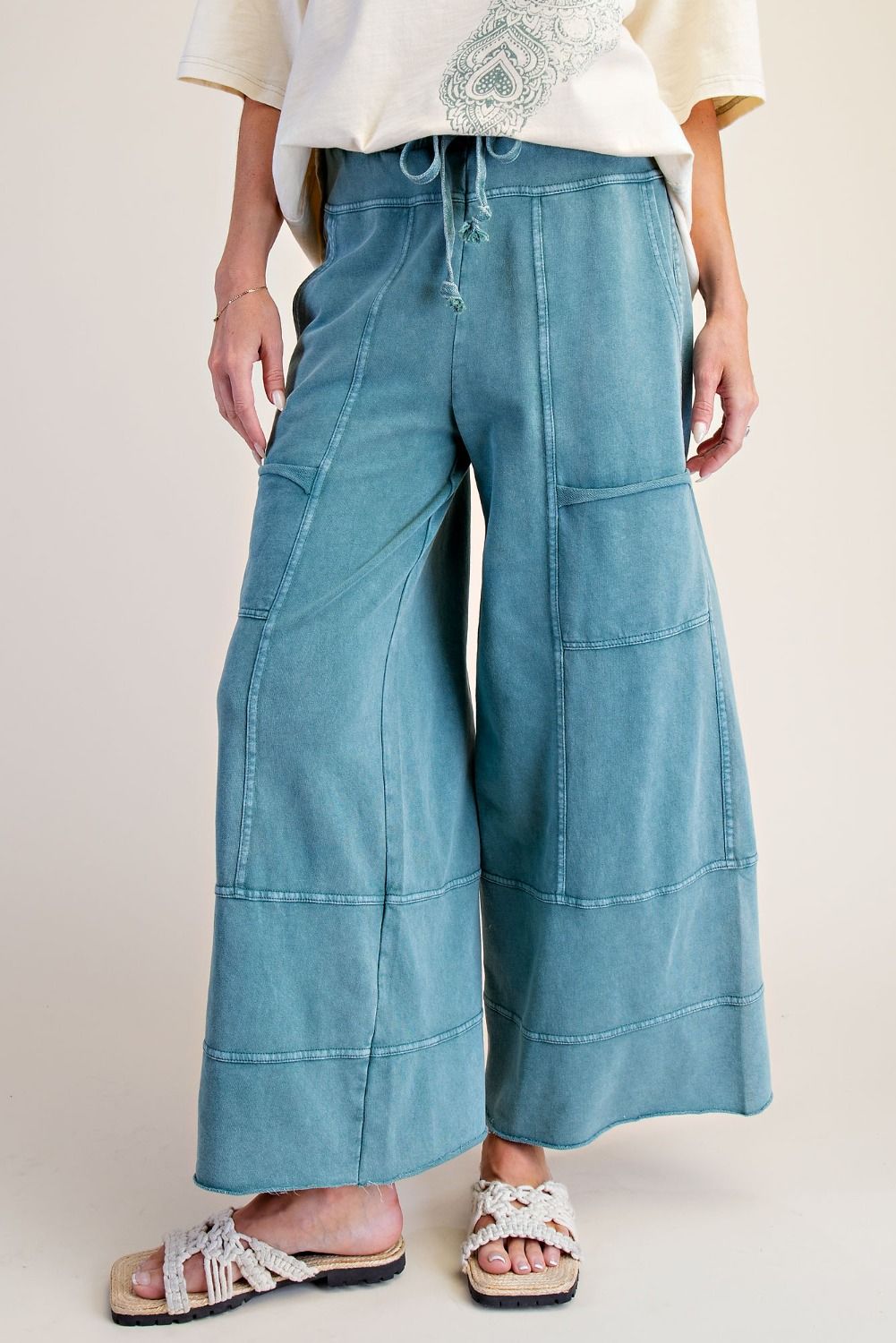 Easel Mineral Washed Wide Leg Cargo Pants | Teal