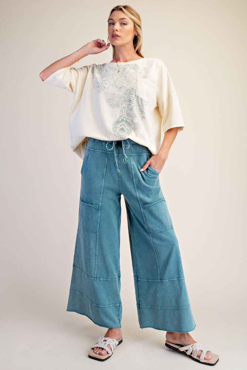Easel Mineral Washed Wide Leg Cargo Pants | Teal