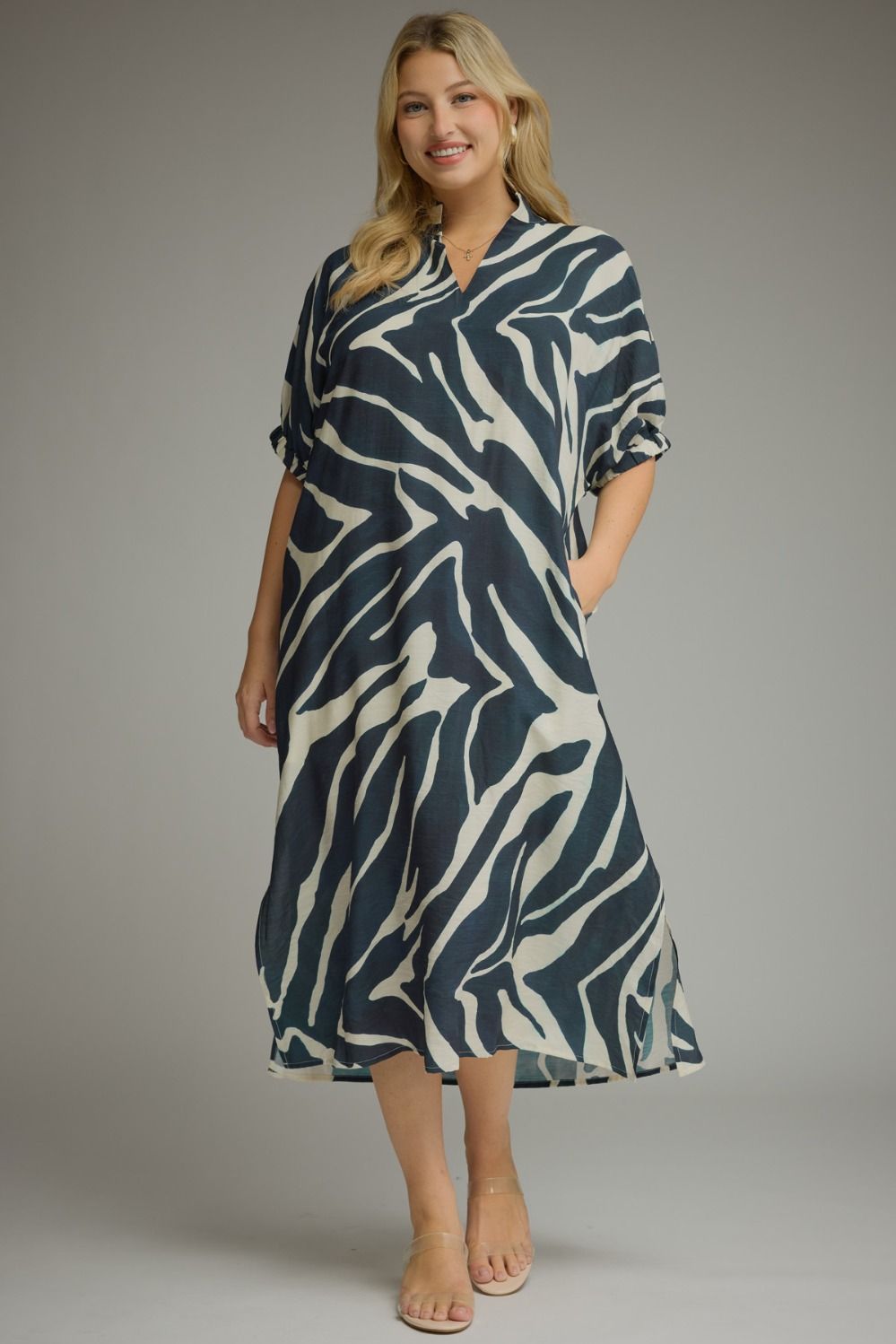 Entro Navy Zebra Print Midi Dress