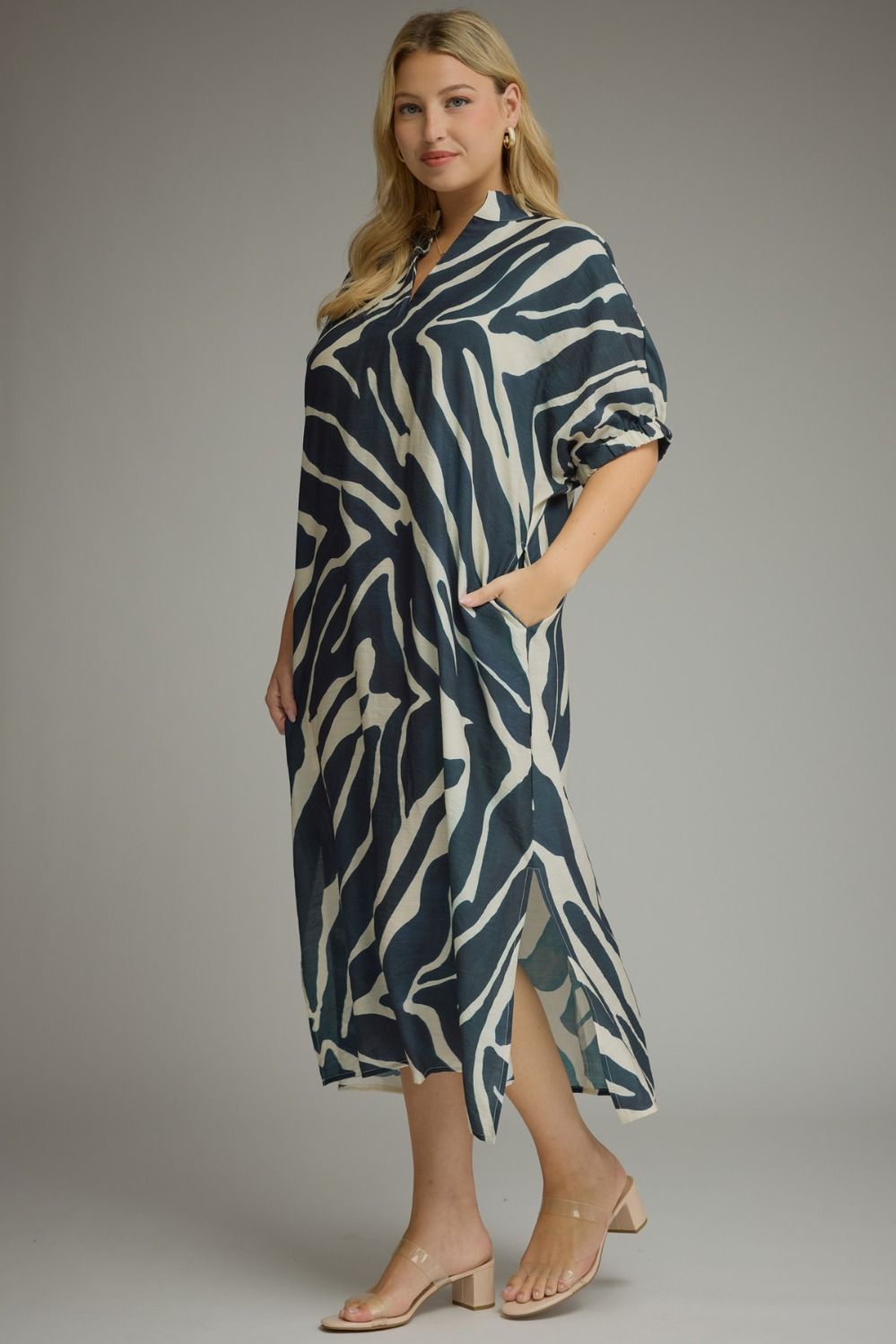 Entro Navy Zebra Print Midi Dress