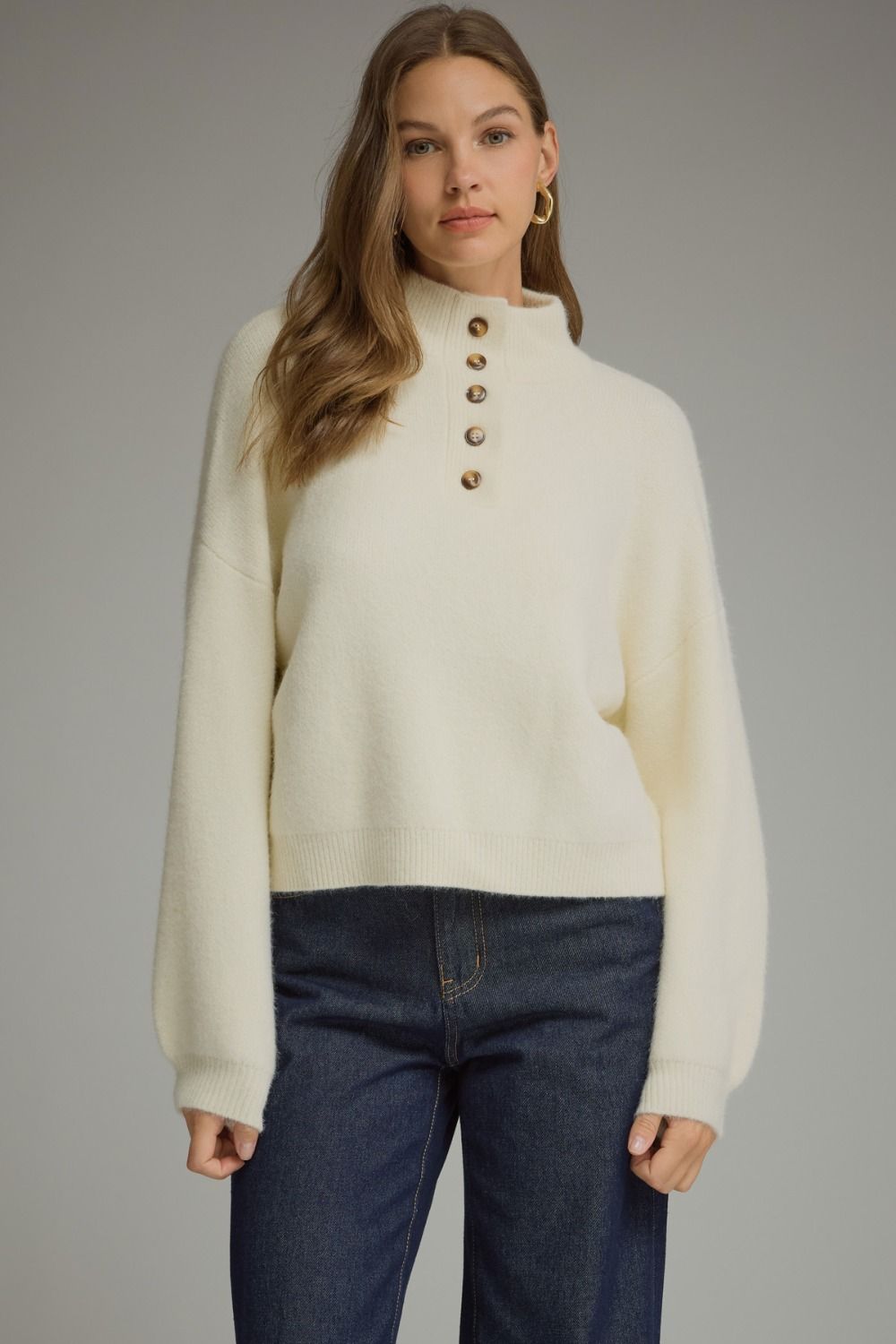 Entro Cream Button Detail Mock Neck Sweater