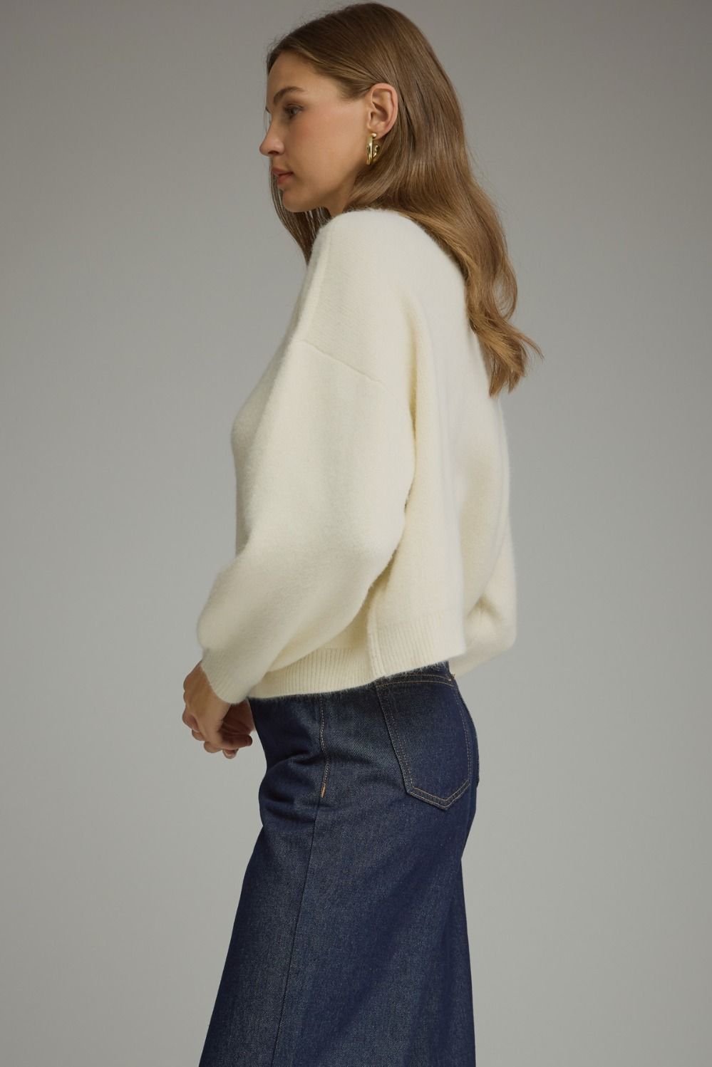 Entro Cream Button Detail Mock Neck Sweater