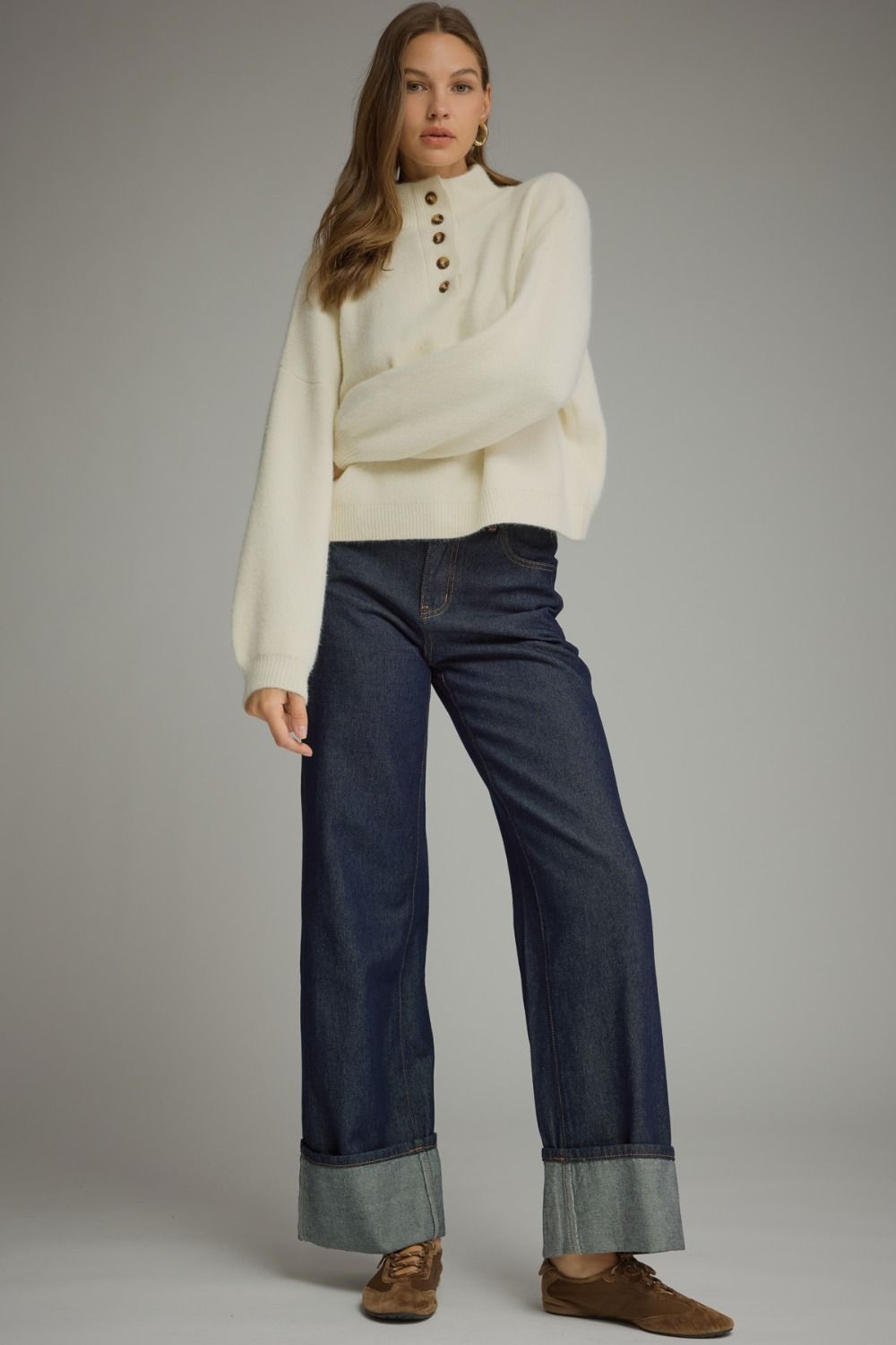 Entro Cream Button Detail Mock Neck Sweater
