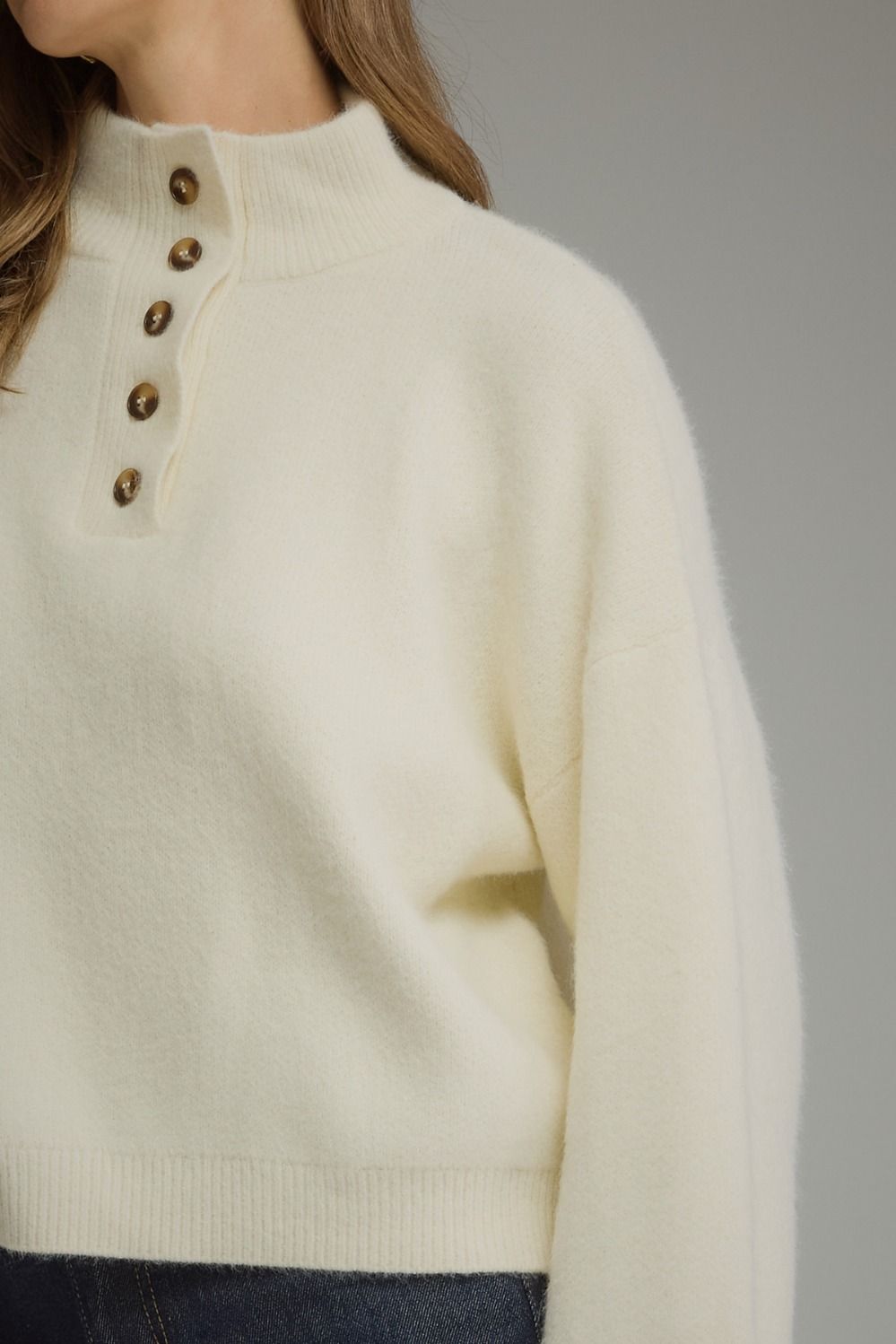 Entro Cream Button Detail Mock Neck Sweater