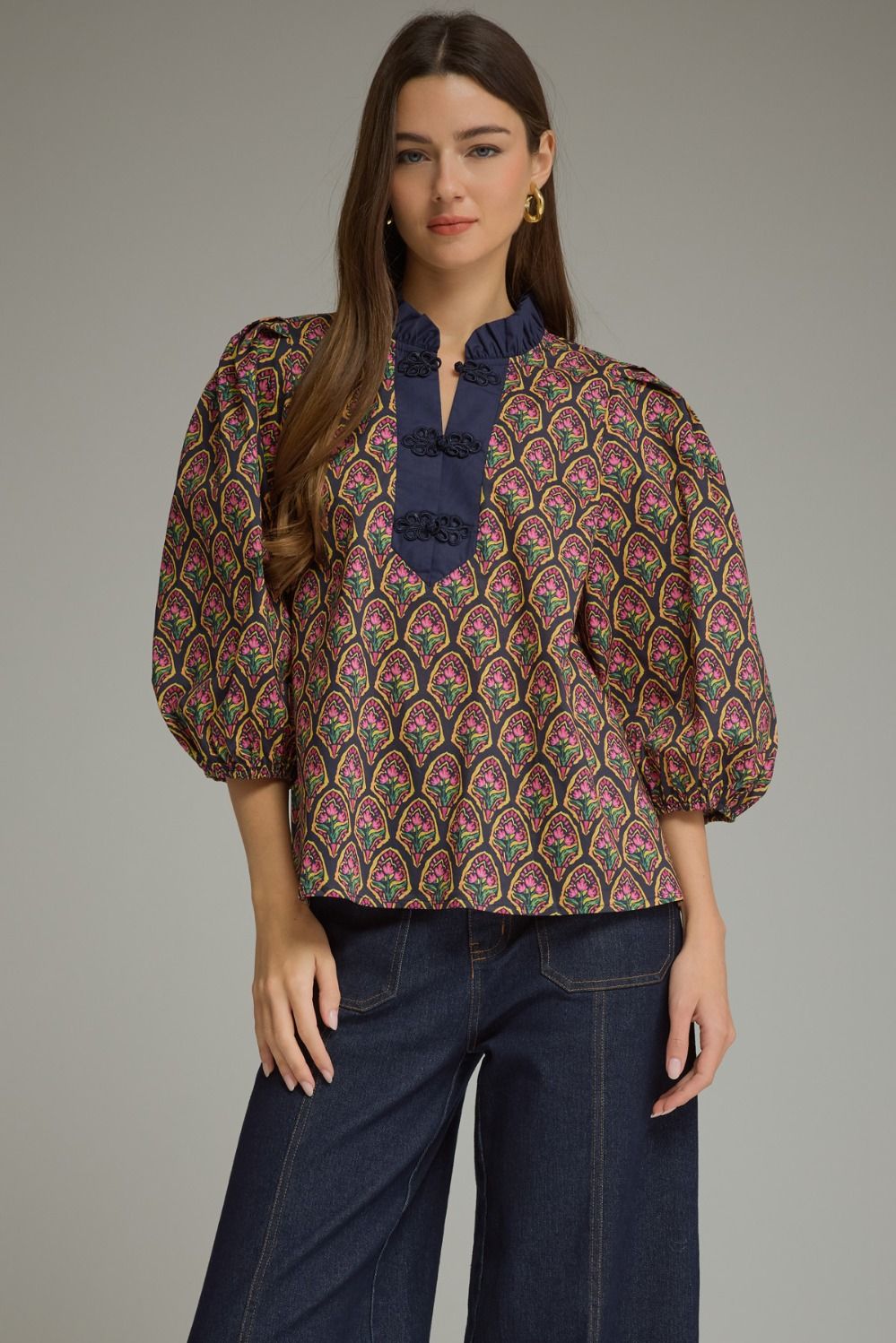 Entro Navy Floral Print Puff Sleeve Top