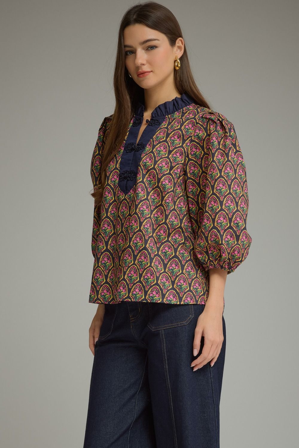Entro Navy Floral Print Puff Sleeve Top