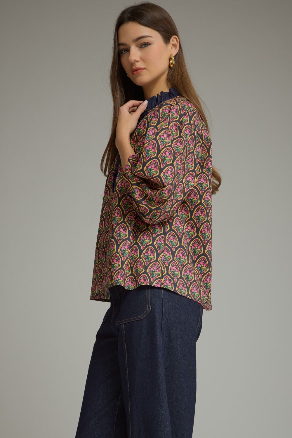 Entro Navy Floral Print Puff Sleeve Top