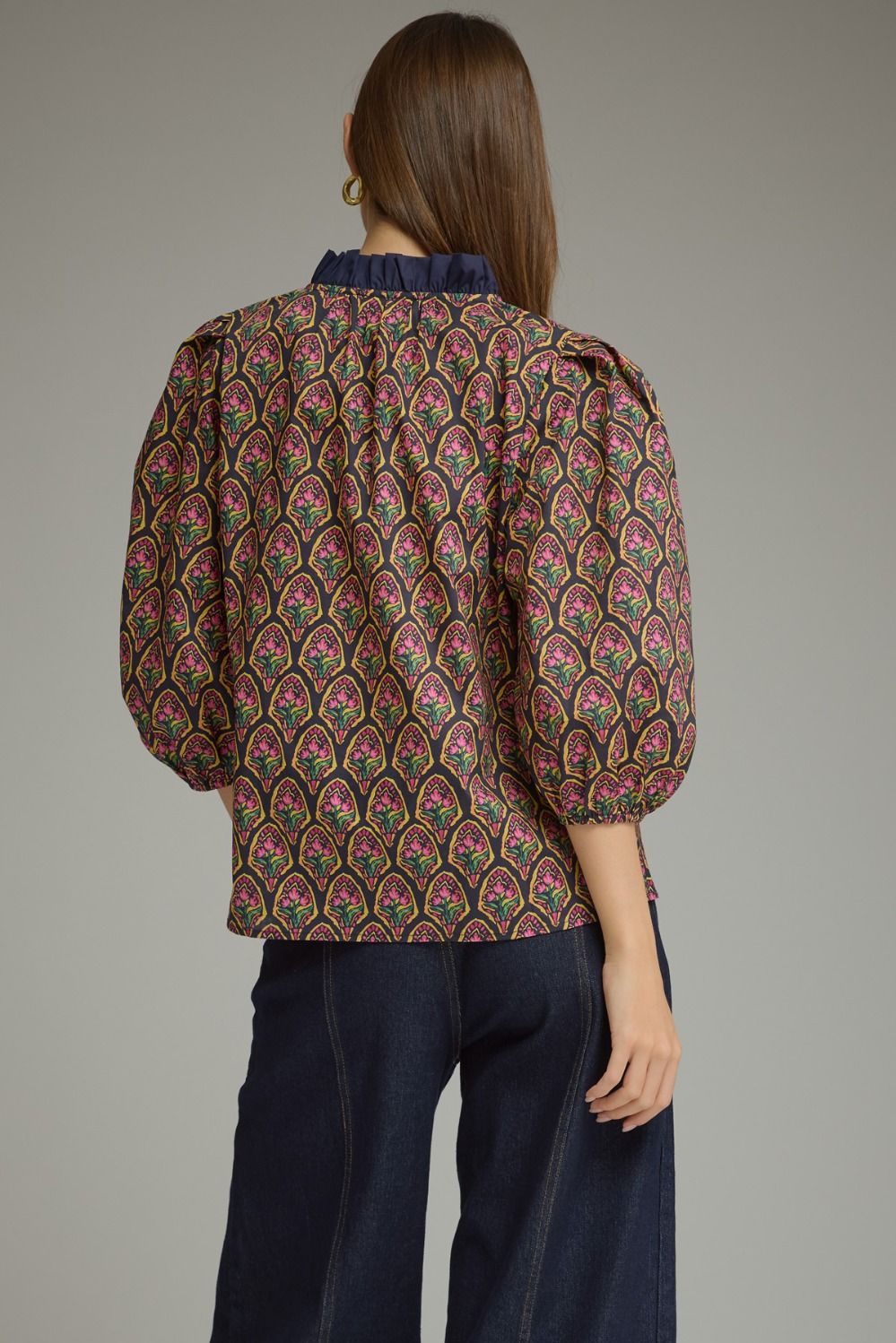Entro Navy Floral Print Puff Sleeve Top
