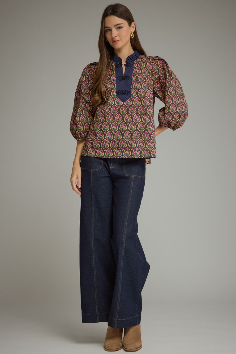 Entro Navy Floral Print Puff Sleeve Top