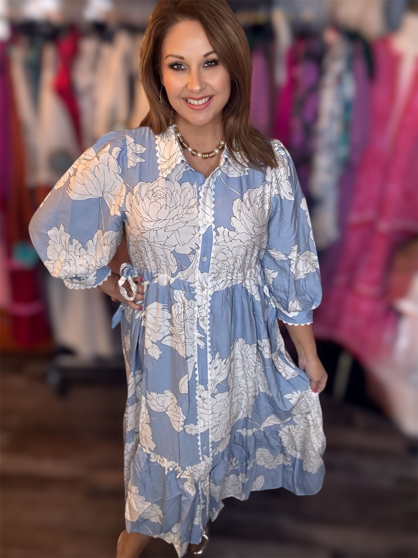 Blue- FLORAL BUTTON DOWN MIDI DRESS