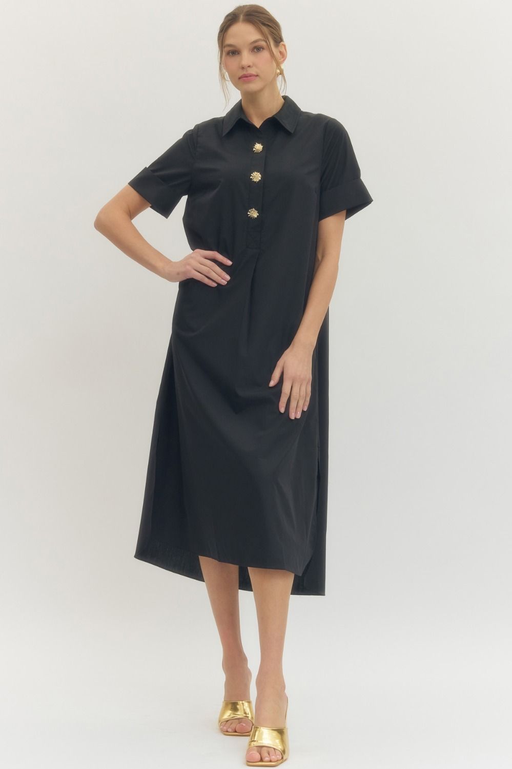 Entro Black Midi with Gold Button Detail