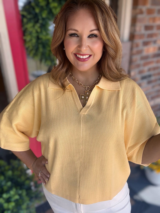 Butter Yellow Entro V Neck Knit Top