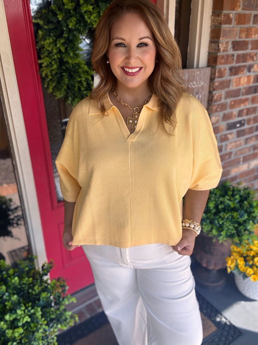 Butter Yellow Entro V Neck Knit Top