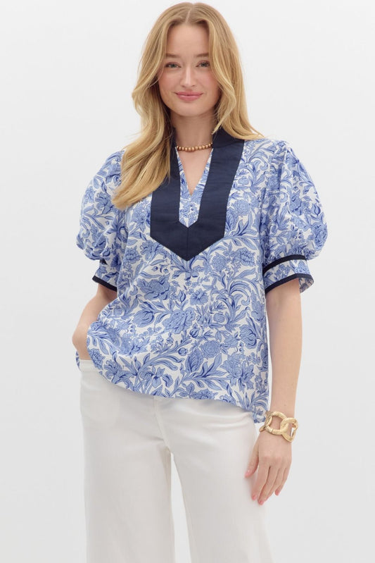 Blue Floral V-Neck Pullover Top