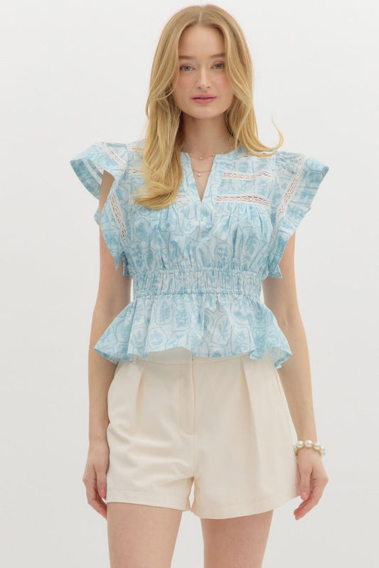 Blue flutter sleeve top