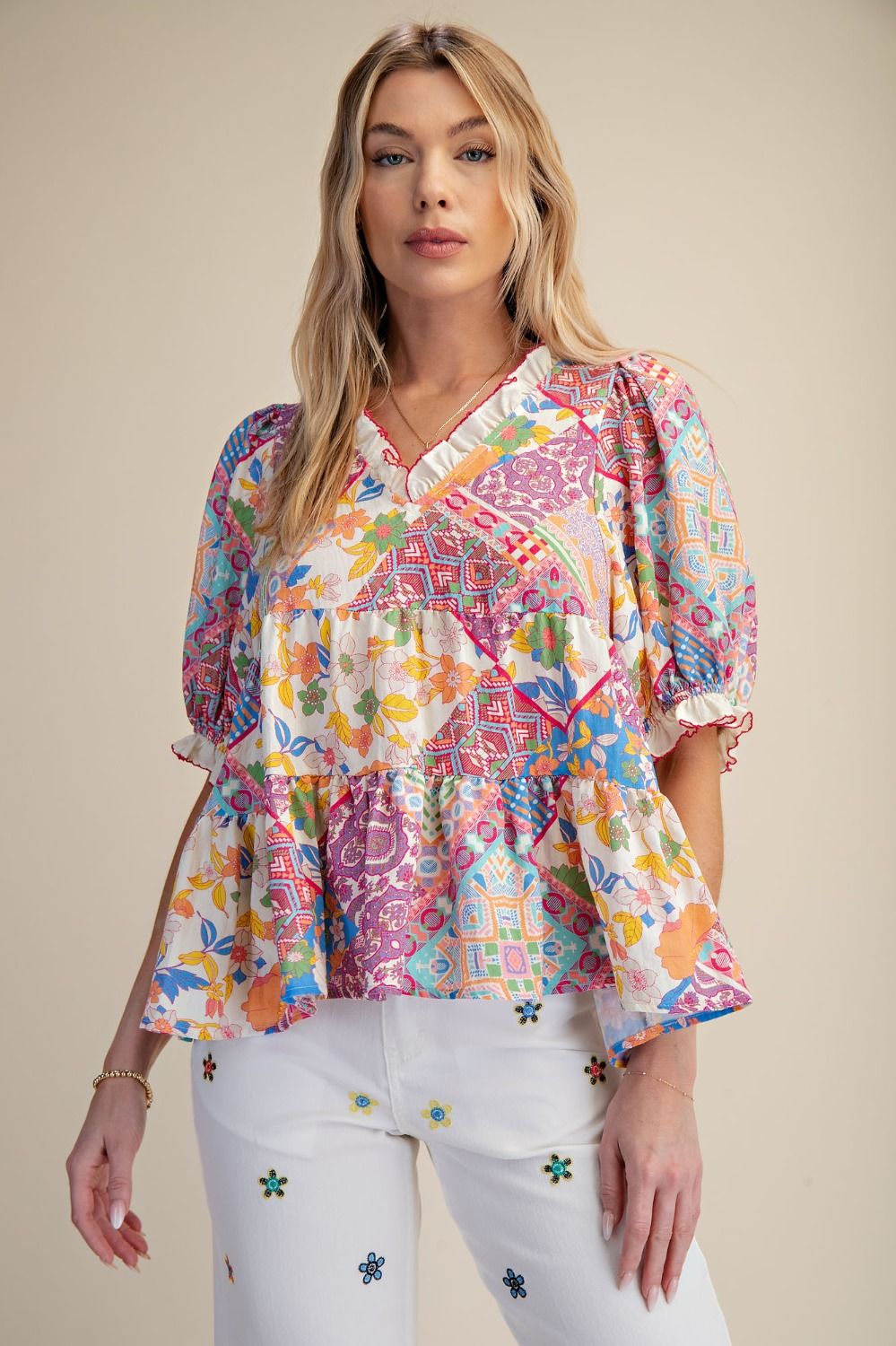 Easel PATCHWORK PRINTED BABYDOLL TOP