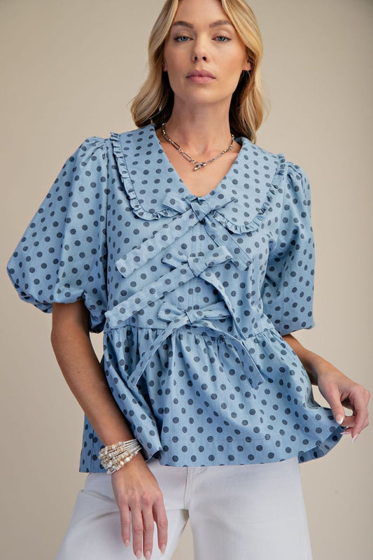 Easel Polka Dot Denim Top