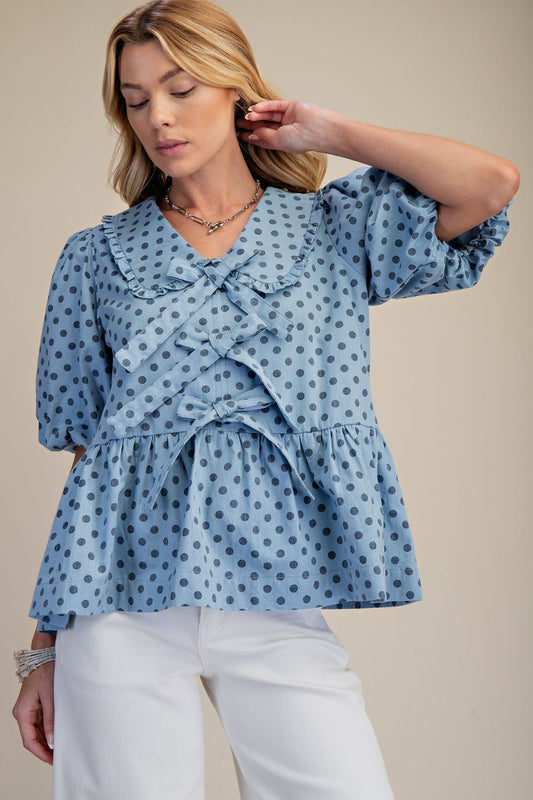 Easel Polka Dot Denim Top