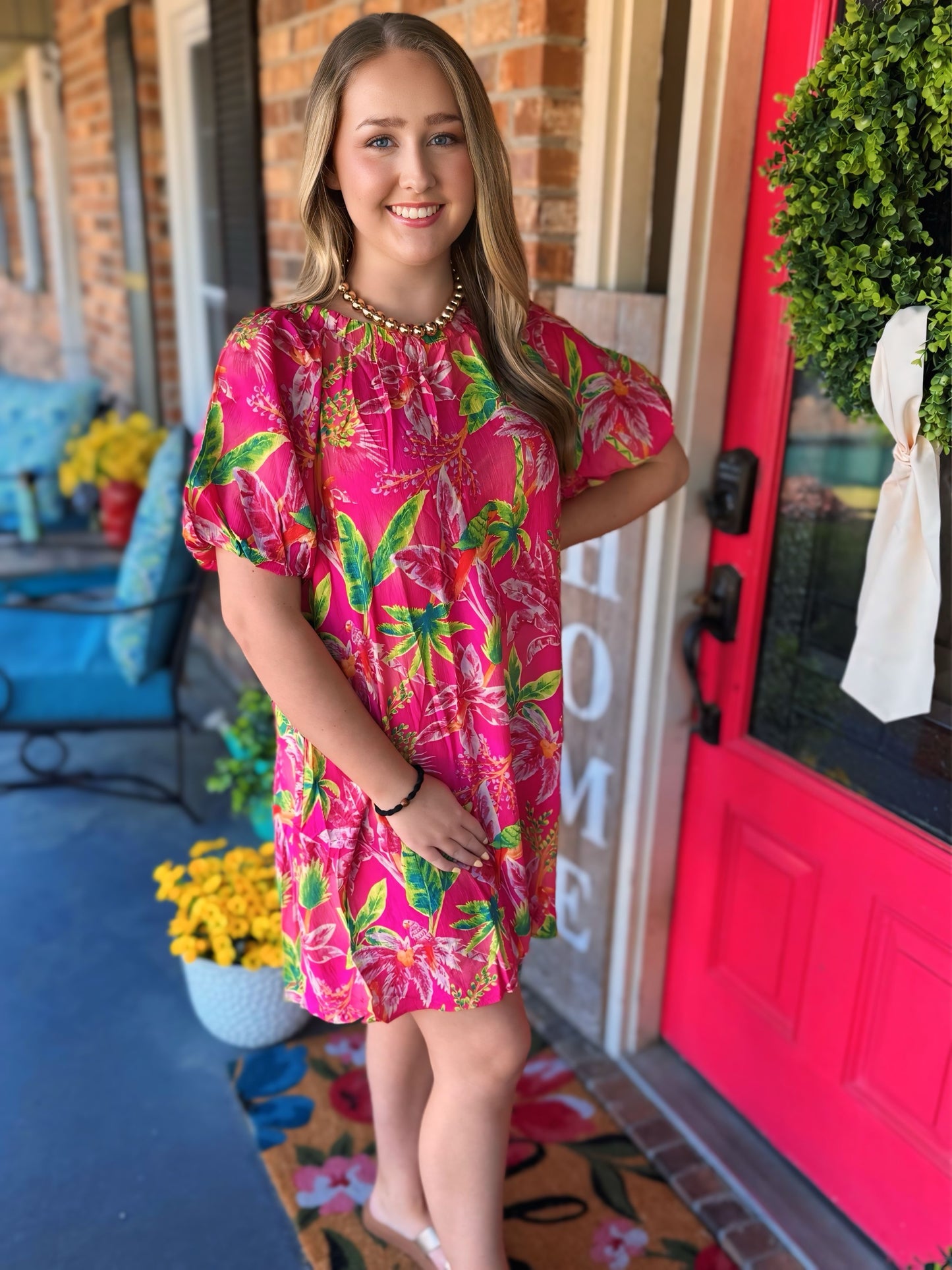 Tropical Bubble Sleeve Blossom Dress