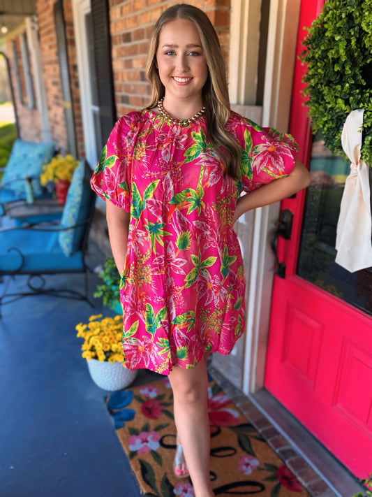 Tropical Bubble Sleeve Blossom Dress