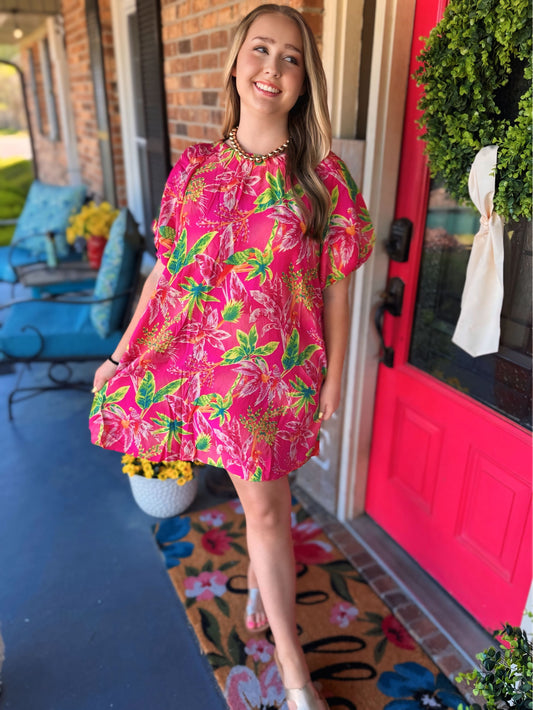 Tropical Bubble Sleeve Blossom Dress