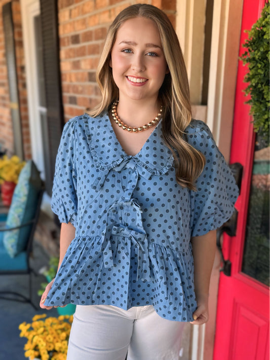 Polka Dot Bow Denim Top