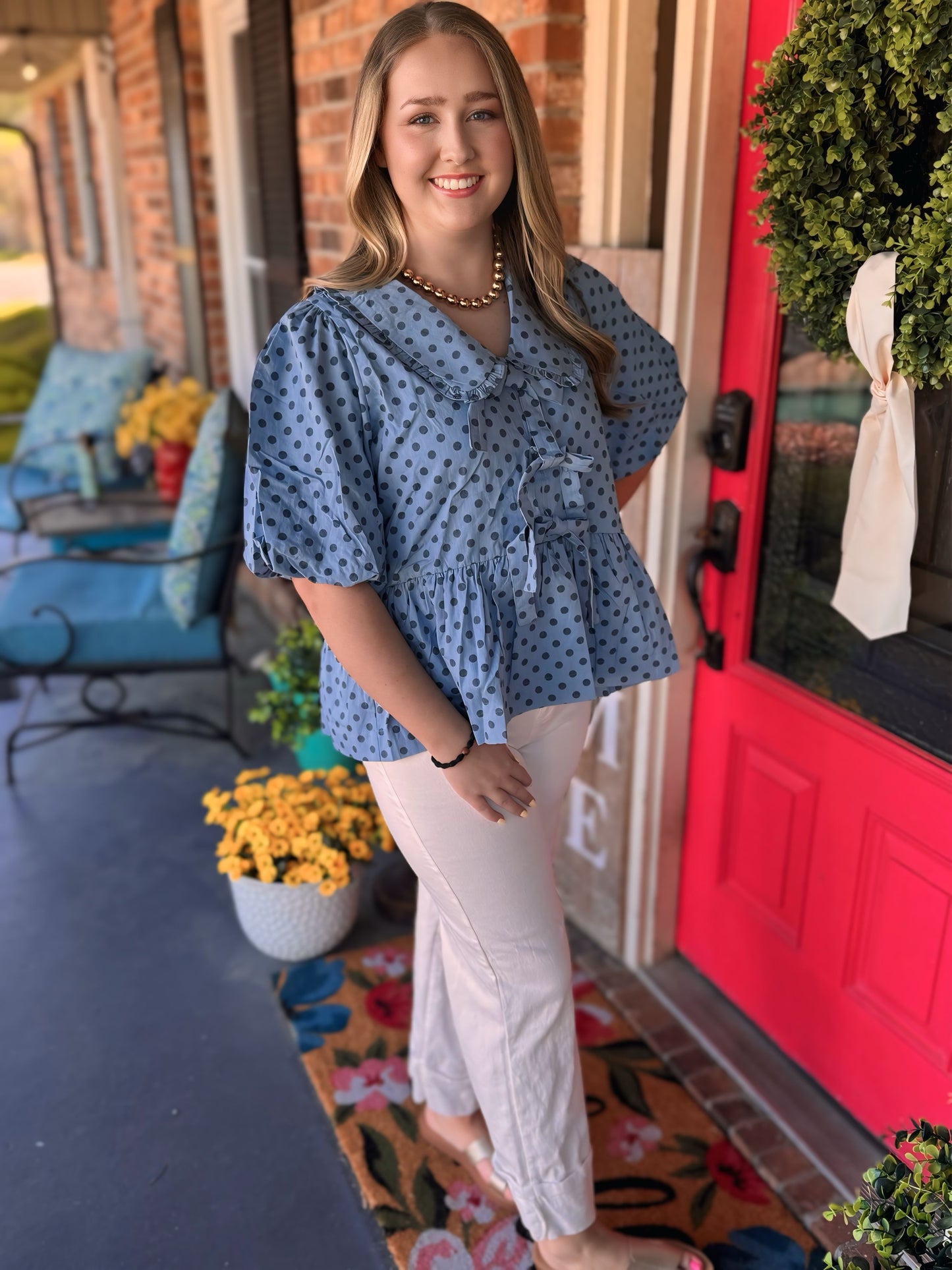 Polka Dot Bow Denim Top