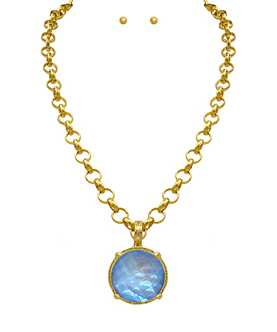 Blue Antique Round Stone Pendant Necklace Set