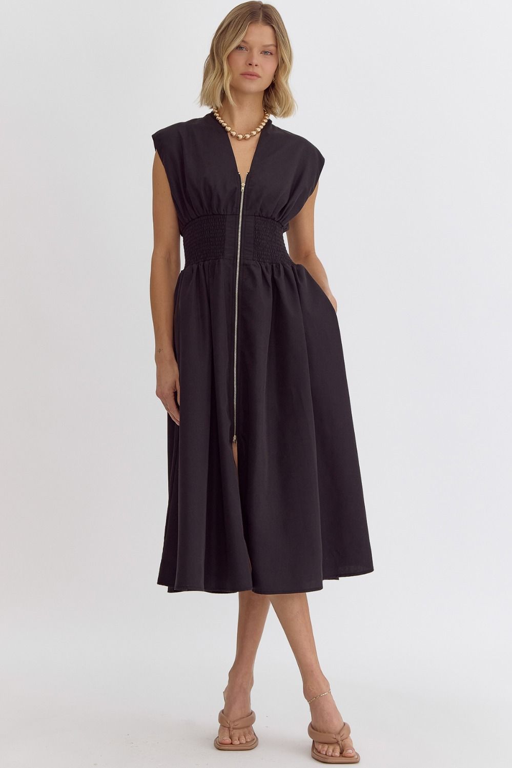 Zip It Smocked Midi Dress - Black