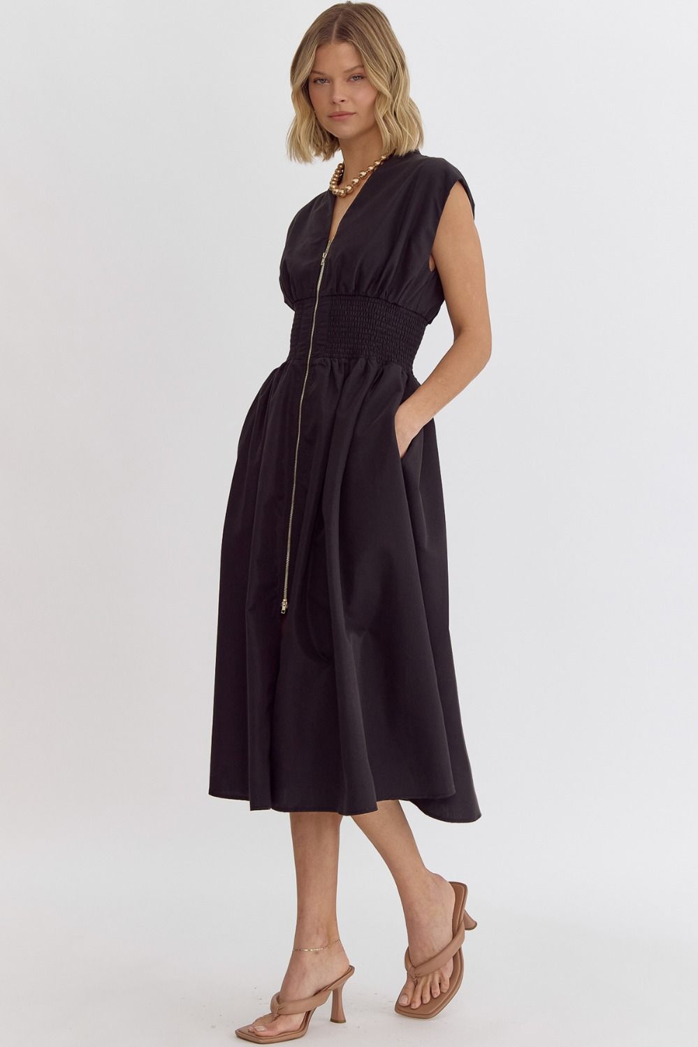 Zip It Smocked Midi Dress - Black