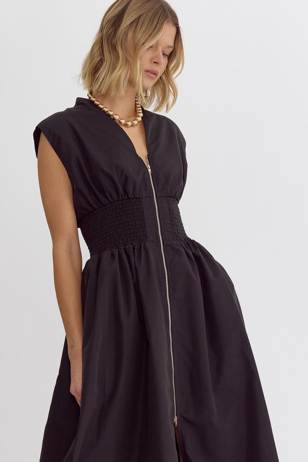 Zip It Smocked Midi Dress - Black