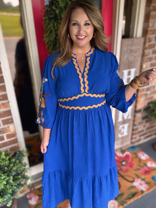 Royal Blue Embroidered Midi Dress