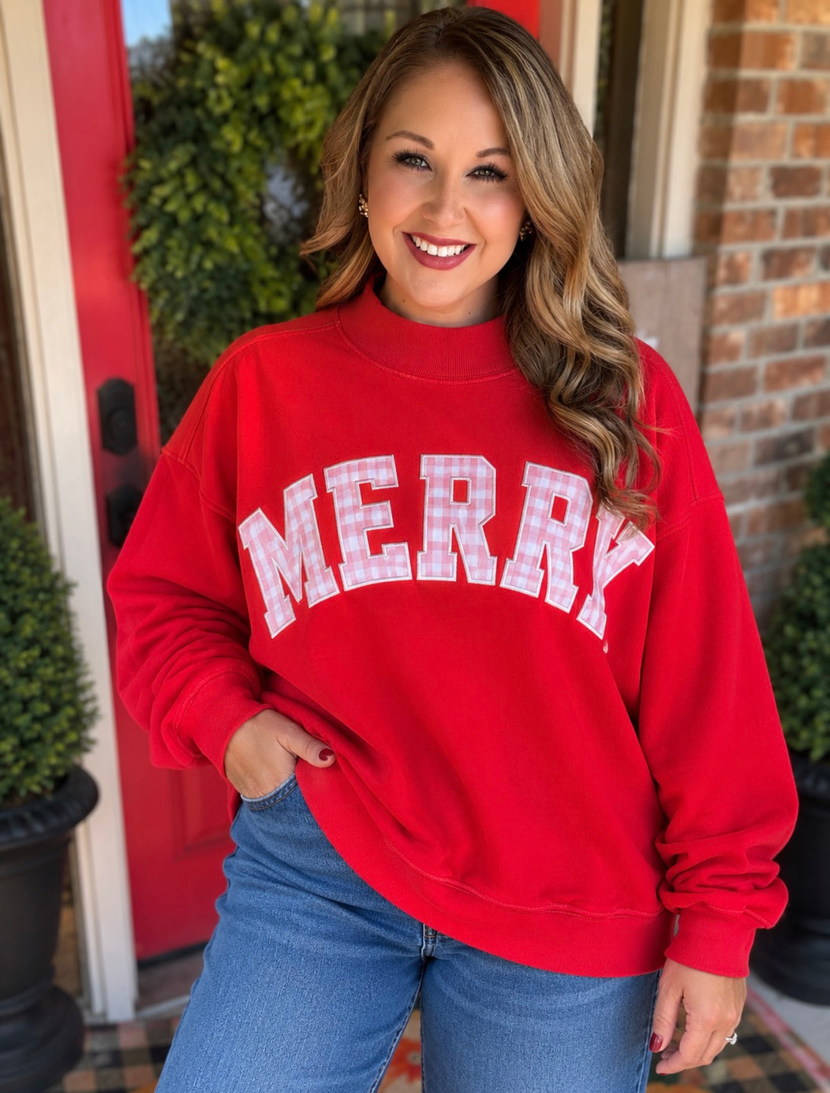 Merry Gingham Red Mockneck Sweatshirt – Bucket List