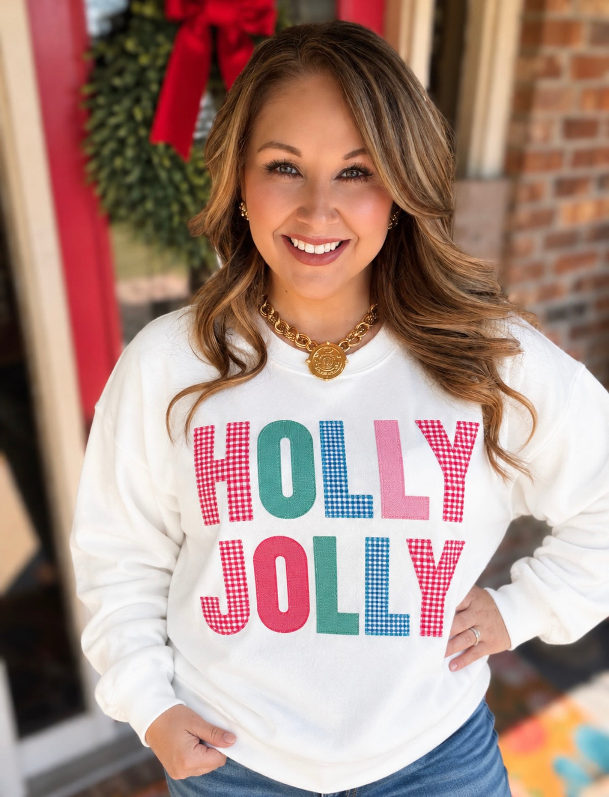 Holly Jolly Gingham Patch Embroidered Christmas Sweatshirt – White