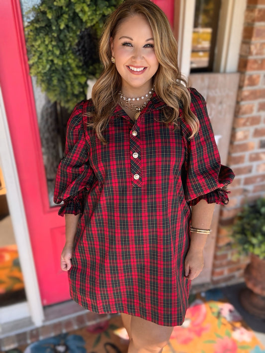 Entro Holiday Plaid Balloon Sleeve Mini Dress – Red