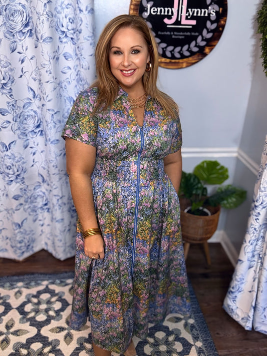 Entro Floral Smocked Waist Zipper Detail Midi Dress