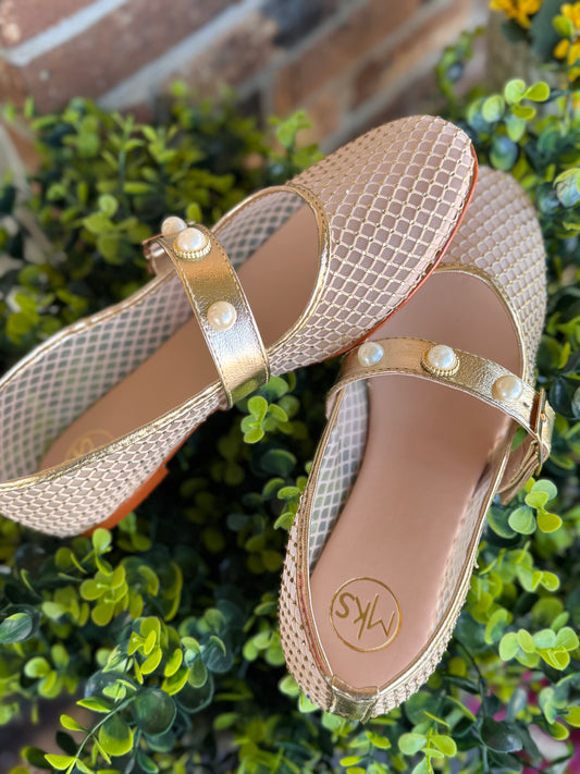 Gold Bloom Pearl Mesh Flats