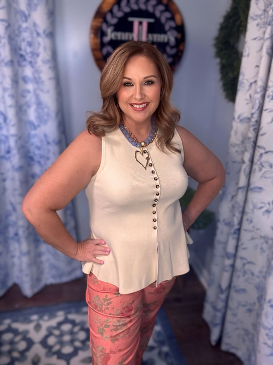 Entro Cream Sleeveless Button Detail Peplum Top