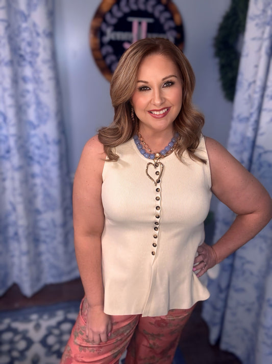 Entro Cream Sleeveless Button Detail Peplum Top