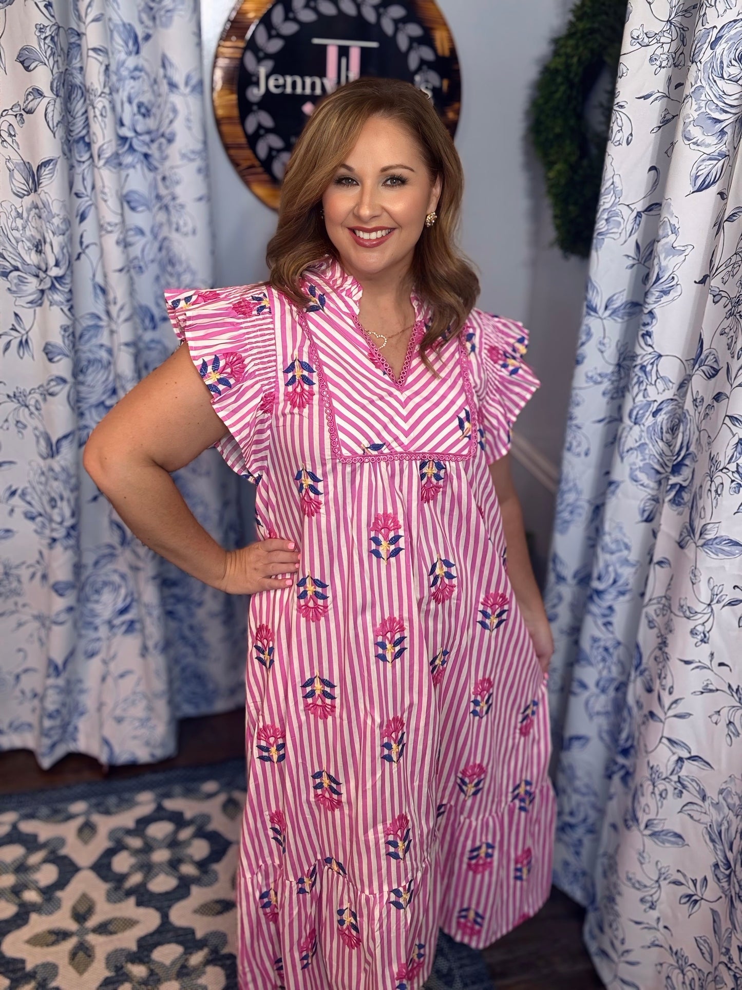 Umgee Stripe & Floral Flutter Sleeve Midi Dress