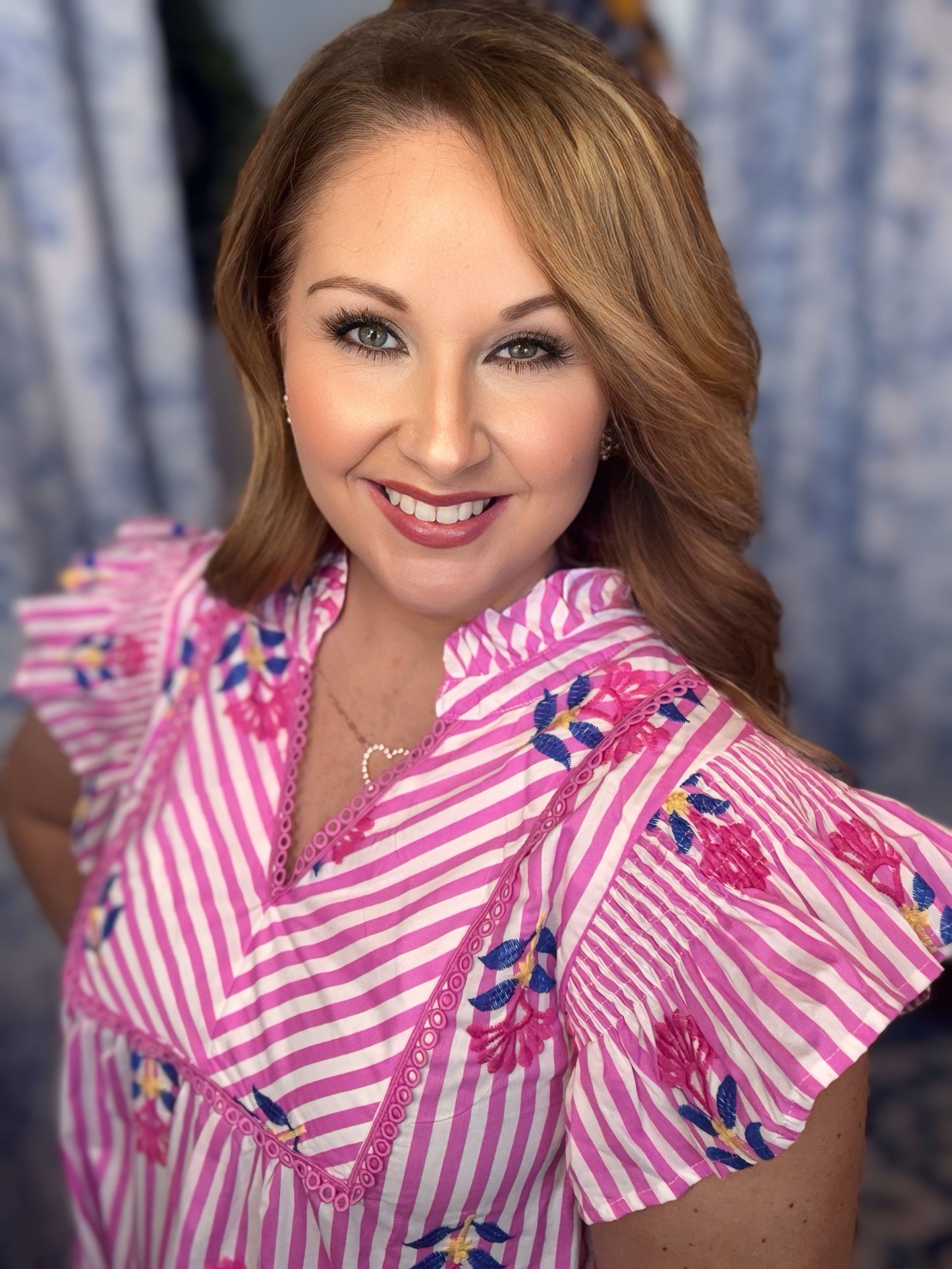 Umgee Stripe & Floral Flutter Sleeve Midi Dress