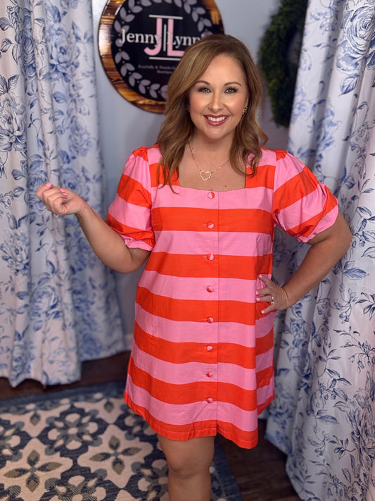 Entro Pink Striped Puff Sleeve Mini Dress